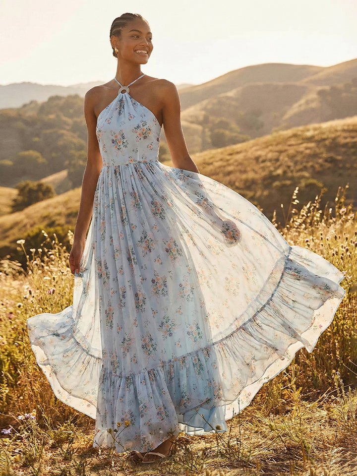 Floral Halter A Line Formal Dresses Long Party Gowns