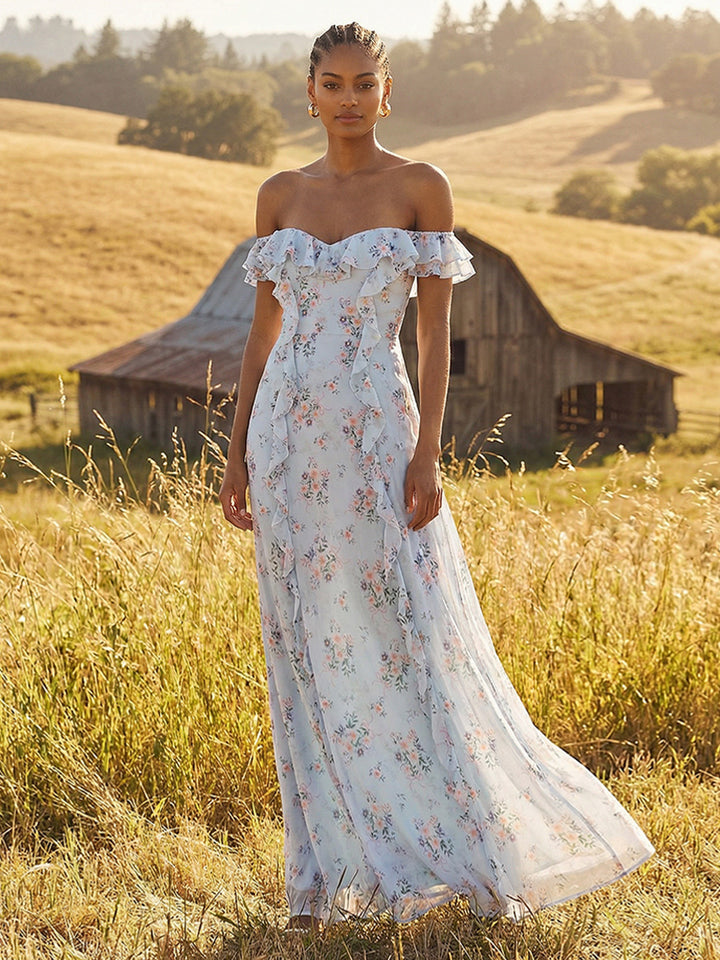 Floral Off the Shoulder Ruffles A Line Formal Dresses