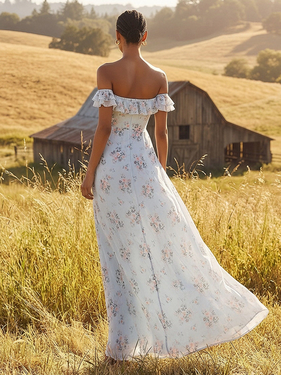 Floral Off the Shoulder Ruffles A Line Formal Dresses
