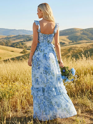 Floral V Neck A Line Wedding Guest Dresses Ruffled Straps Party Gowns