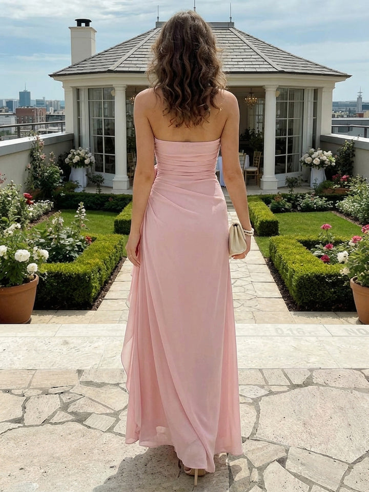 Chiffon A Line Strapless Floor Length Wedding Guest Dresses