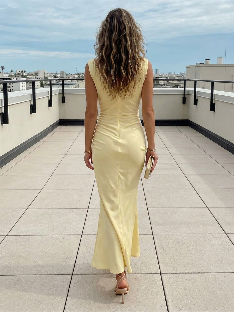 Satin Mermaid V Neck Floor Length Wedding Guest Dresses