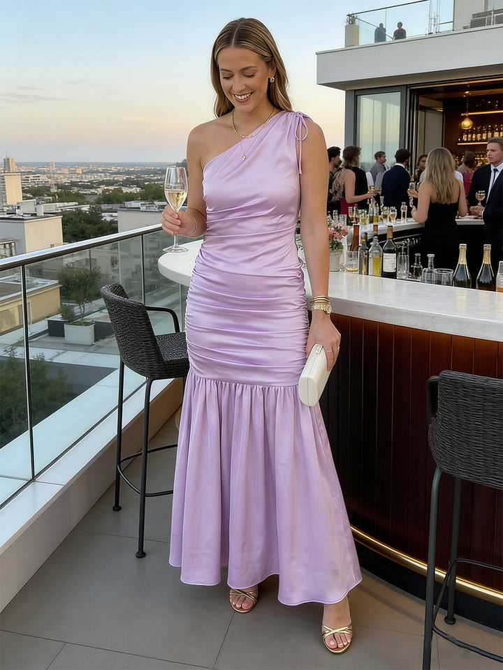 Satin Mermaid One Shoulder Floor Length Wedding Guest Dresses
