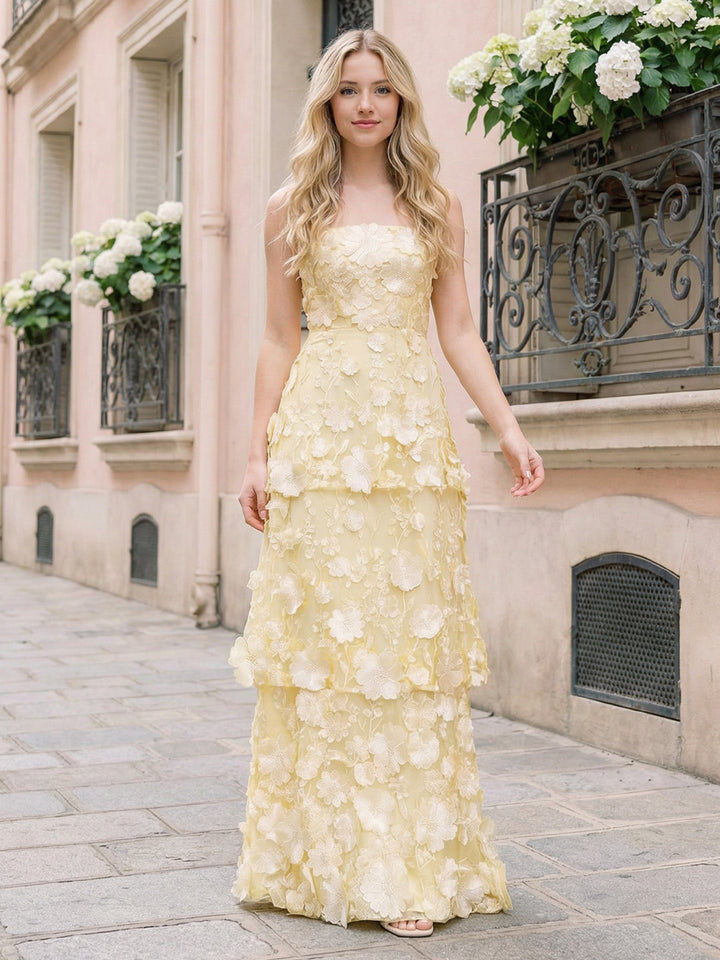 Floral Strapless A Line Layered Tulle Wedding Guest Dresses