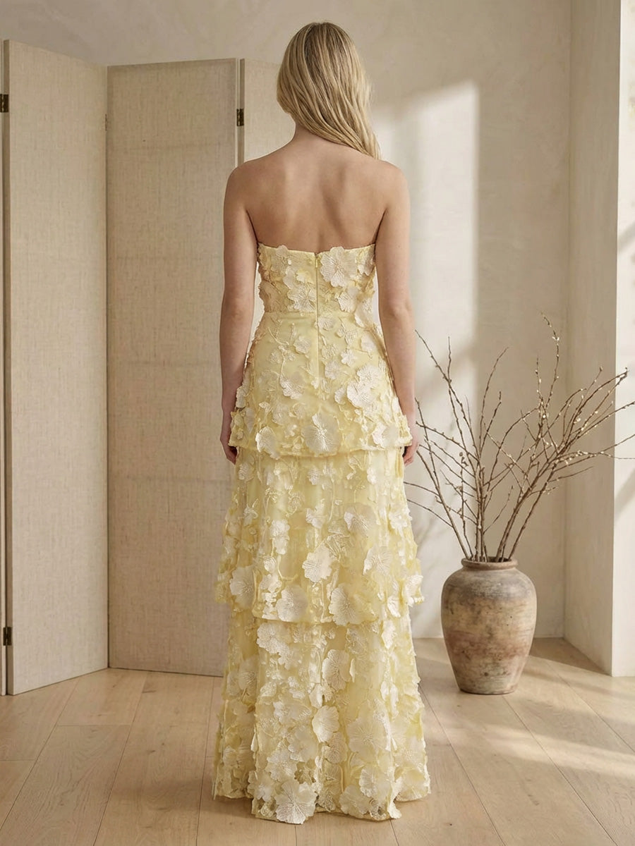 Floral Strapless A Line Layered Tulle Wedding Guest Dresses