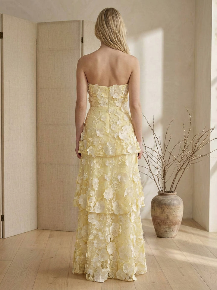 Floral Strapless A Line Layered Tulle Wedding Guest Dresses