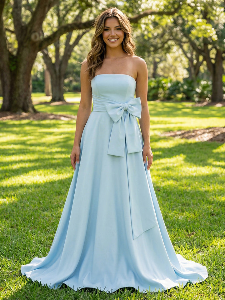 Satin A Line Pleated Bow Strapless Wedding Guest Dresses