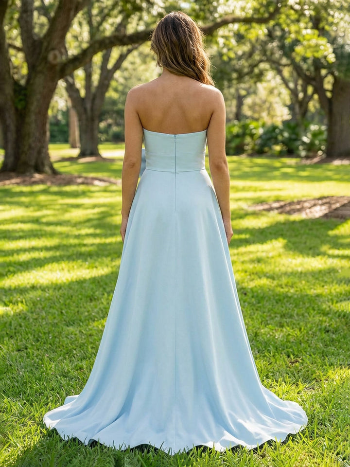 Satin A Line Pleated Bow Strapless Wedding Guest Dresses