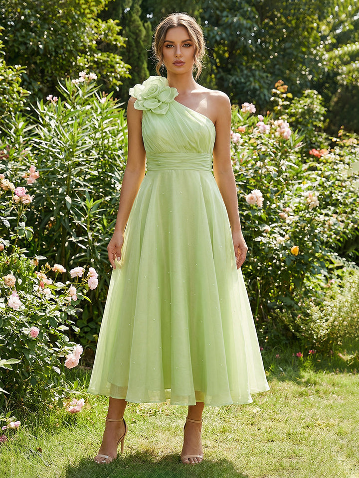 Tulle One Shoulder A Line Pleated 3D Flower Wedding Guest Dresses