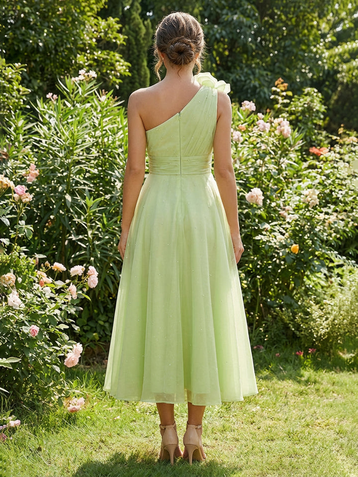 Tulle One Shoulder A Line Pleated 3D Flower Wedding Guest Dresses