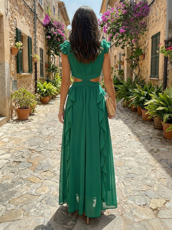 Chiffon V Neck Cut Out  A Line Pleated Ruffles Wedding Guest Dresses