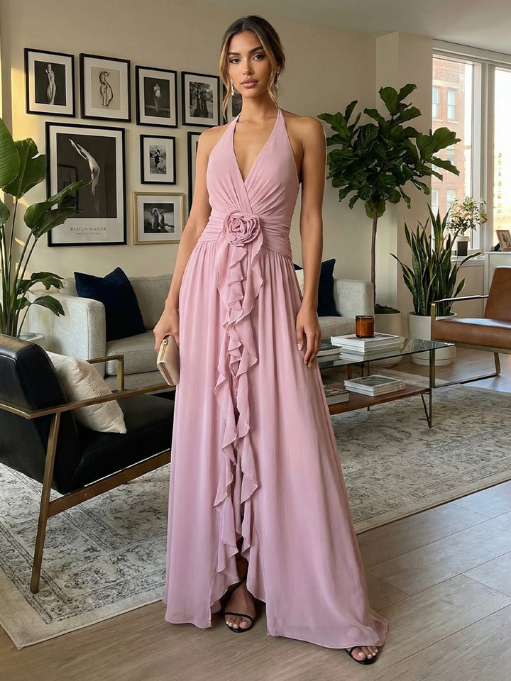 Chiffon A Line V Neck Floor Length Wedding Guest Dresses