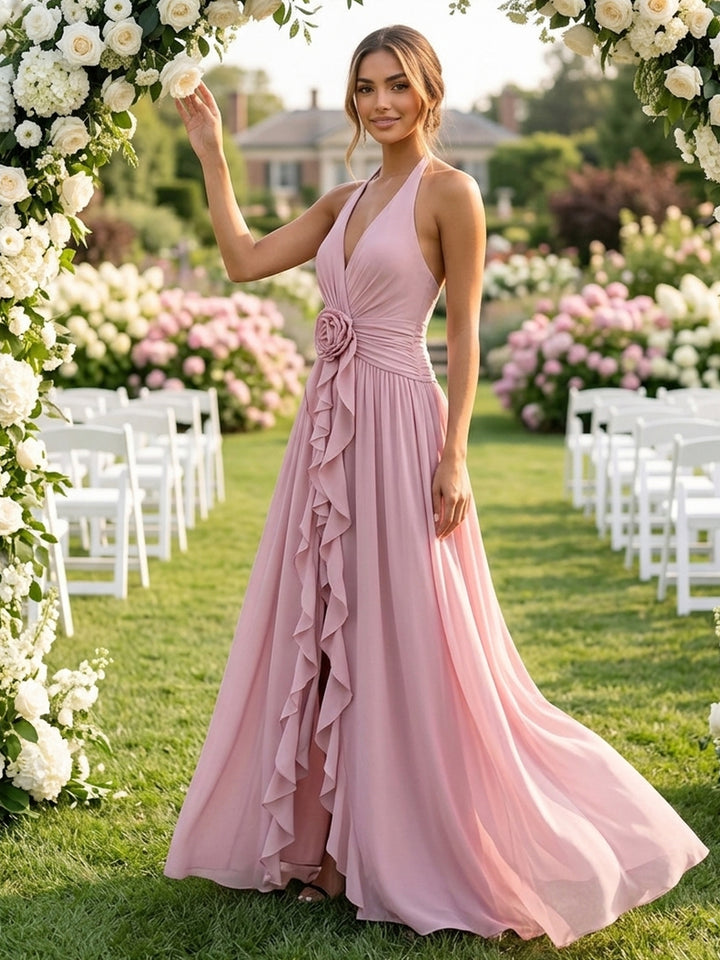 Chiffon A Line V Neck Floor Length Wedding Guest Dresses