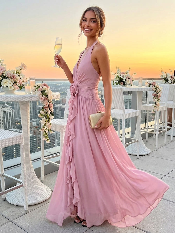 Chiffon A Line V Neck Floor Length Wedding Guest Dresses