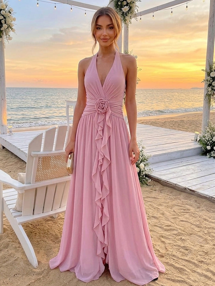 Chiffon A Line V Neck Floor Length Wedding Guest Dresses