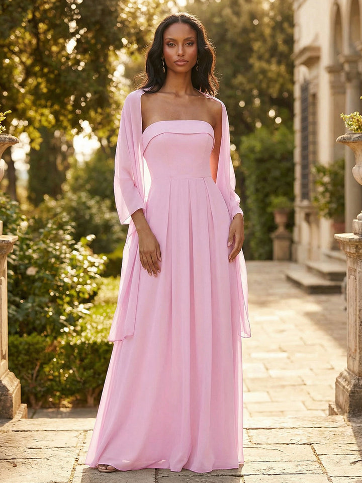 Chiffon A Line Strapless Floor Length Wedding Guest Dresses