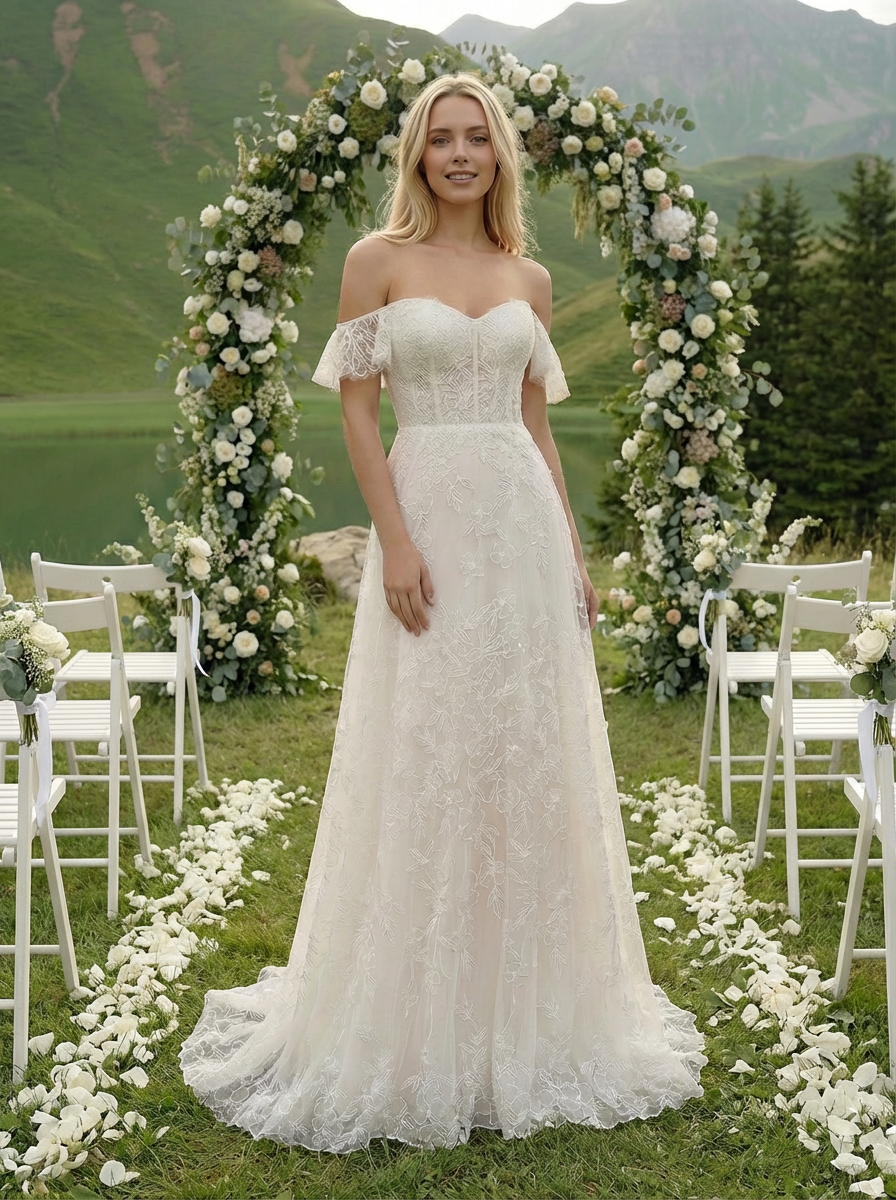 Laces A Line Off the Shoulder Long Wedding Dresses