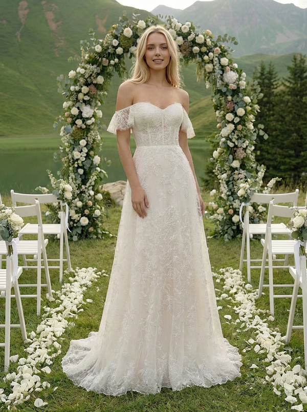Laces A Line Off the Shoulder Long Wedding Dresses