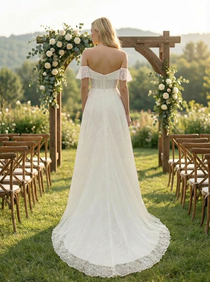 Laces A Line Off the Shoulder Long Wedding Dresses