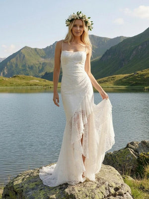 Laces Mermaid Strapless Long Wedding Dresses