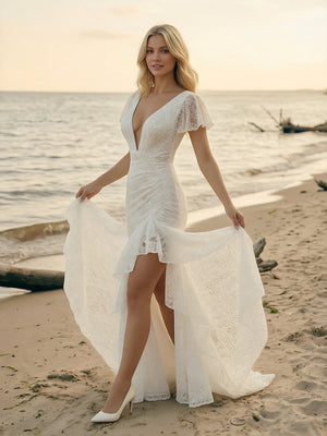Laces Mermaid V Neck Ruffles Long Wedding Dresses