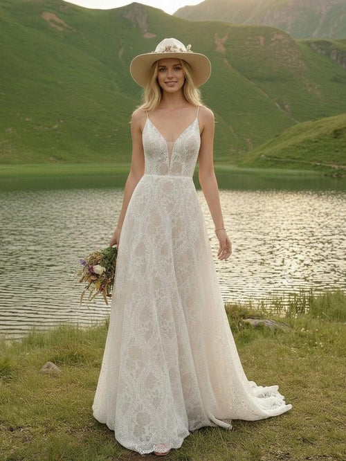 Laces A Line Spaghetti Straps Long Wedding Dresses