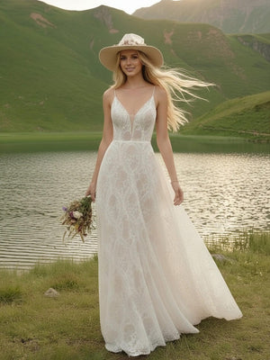 Laces A Line Spaghetti Straps Long Wedding Dresses