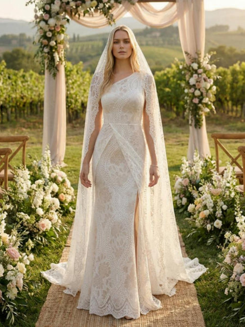 Laces Mermaid One Shoulder Long Wedding Dresses