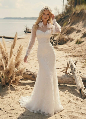 Laces Mermaid Scoop Neck Long Wedding Dresses