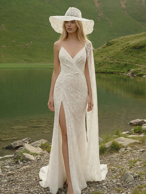 Laces Mermaid V Neck Long Wedding Dresses