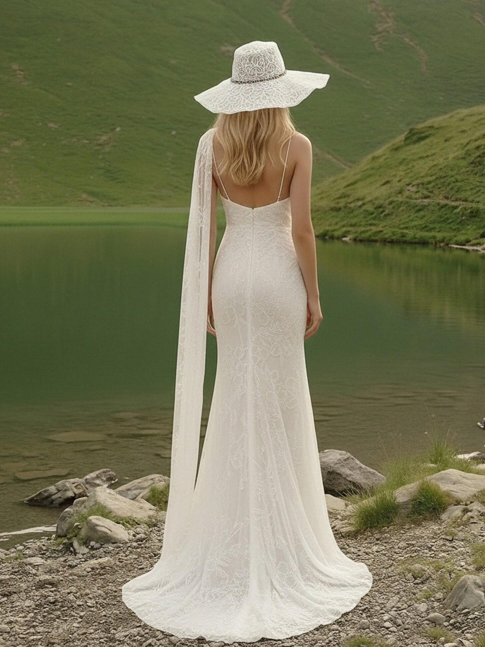 Laces Mermaid V Neck Long Wedding Dresses