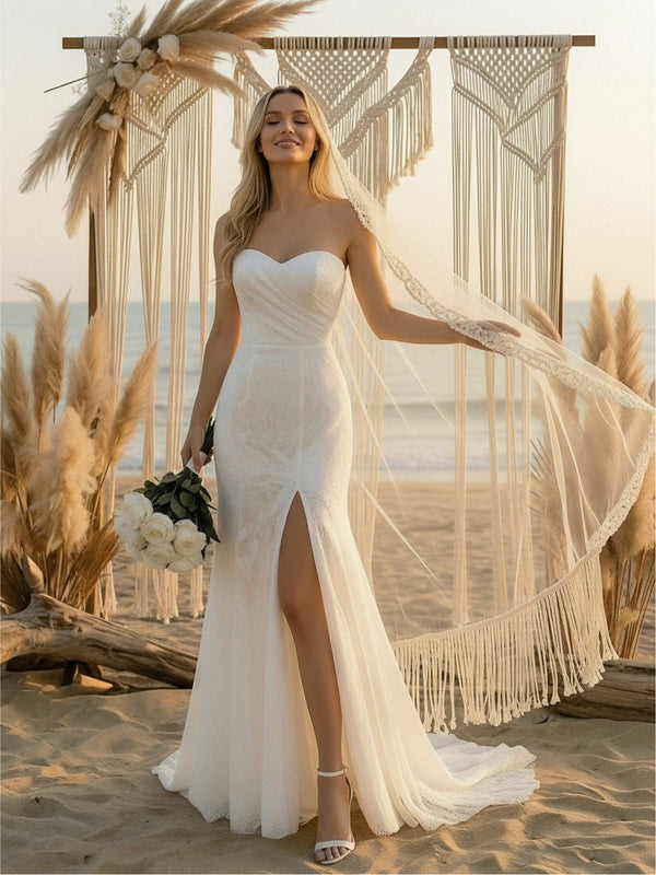 Laces Mermaid Strapless Long Wedding Dresses