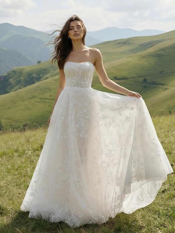 Laces A Line Strapless Long Wedding Dresses