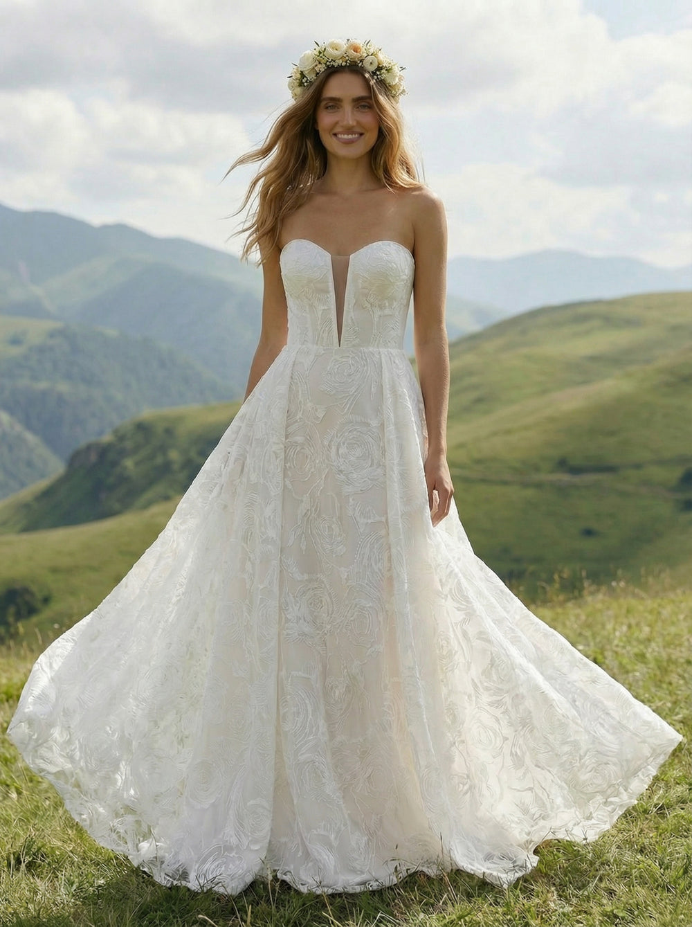 Laces A Line Strapless Long Wedding Dresses