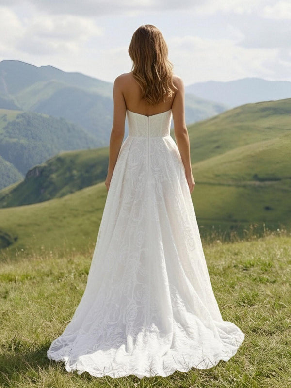 Laces A Line Strapless Long Wedding Dresses