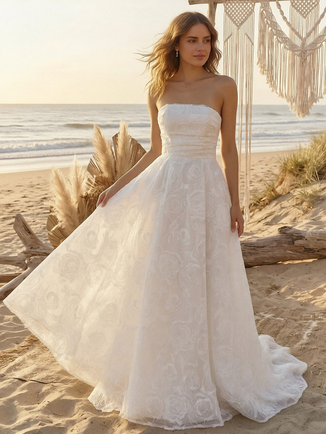 Laces A Line Strapless Long Wedding Dresses