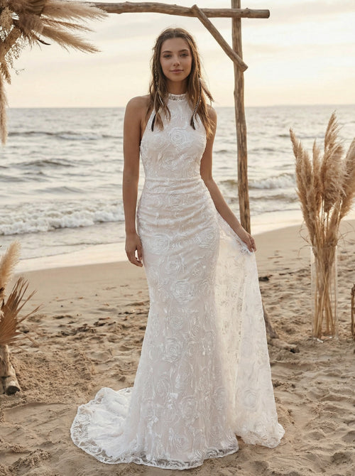 Laces Mermaid Halter Long Wedding Dresses