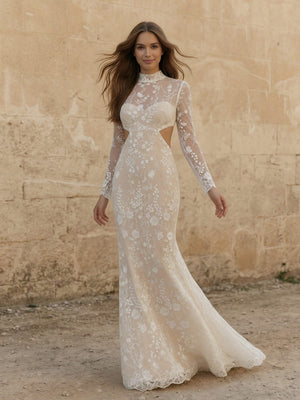 Laces Mermaid High Neck Long Wedding Dresses