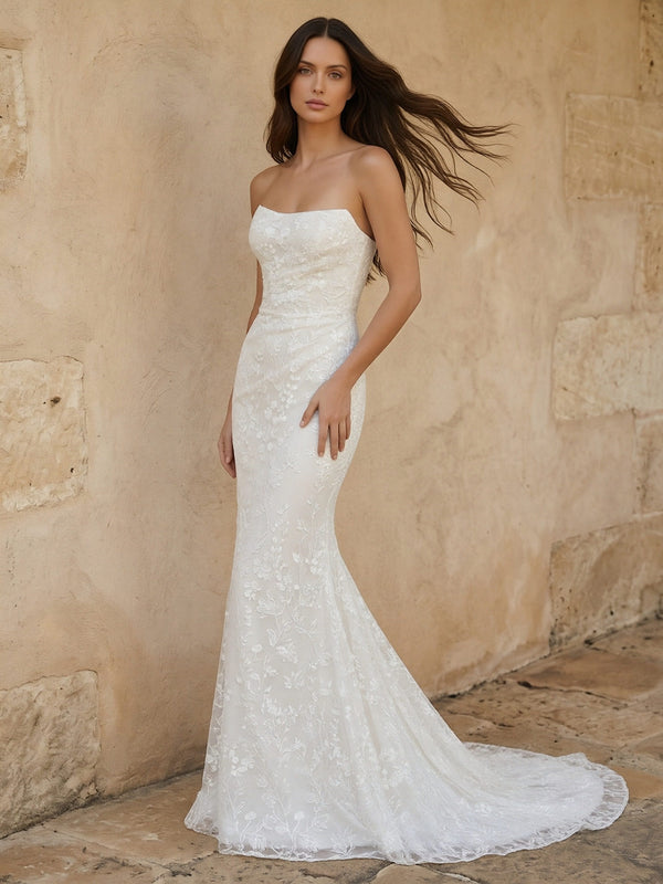 Laces Mermaid Strapless Long Wedding Dresses
