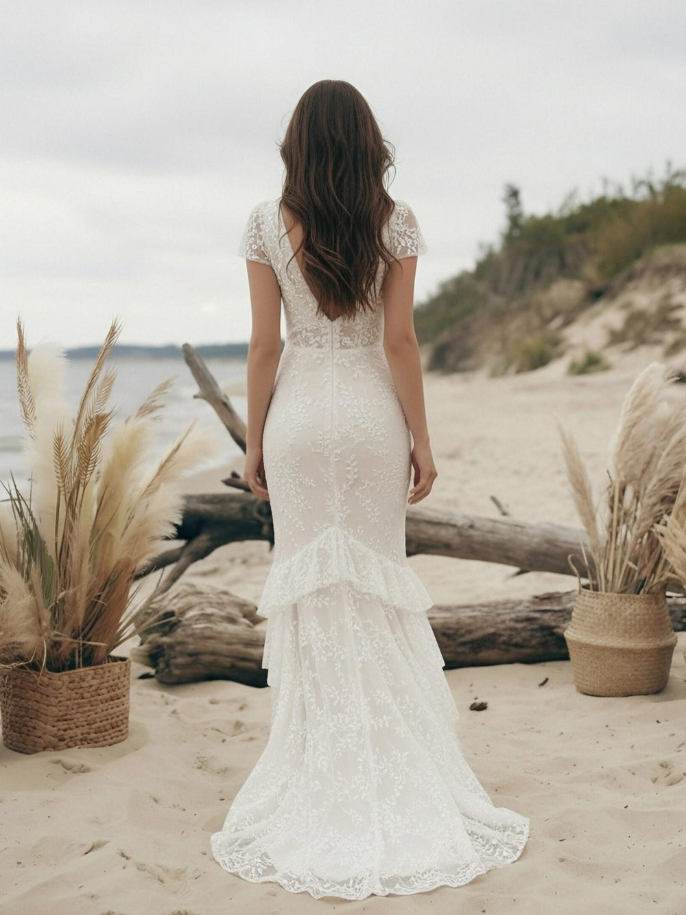 Laces Mermaid V Neck Long Wedding Dresses