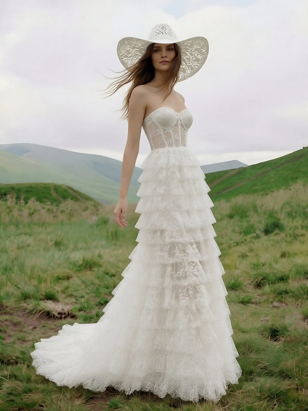 Laces A Line Strapless Long Wedding Dresses