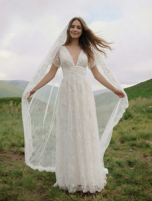 Laces A Line V Neck Long Wedding Dresses