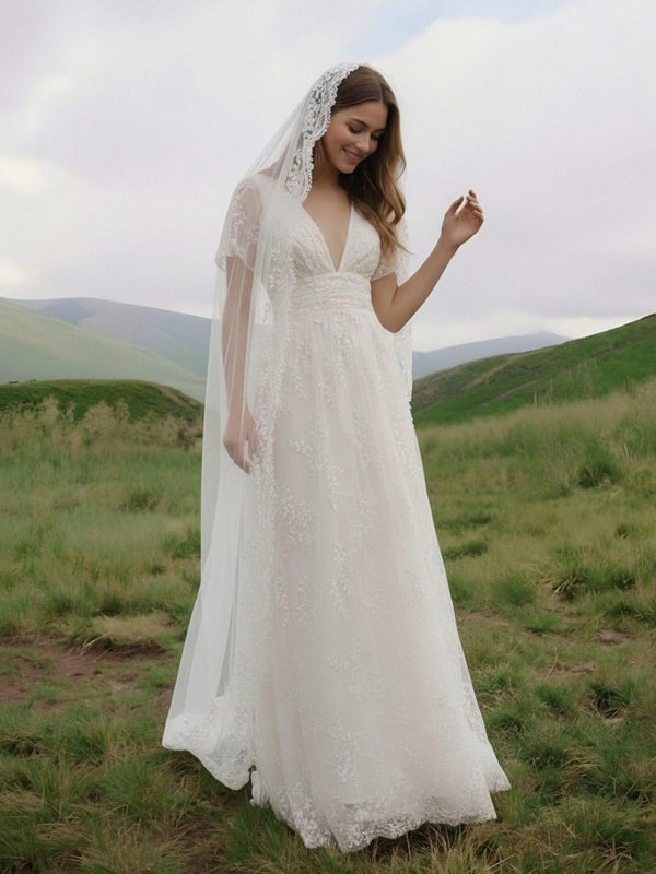 Laces A Line V Neck Long Wedding Dresses