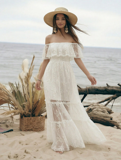 Laces A Line Off the Shoulder Long Wedding Dresses