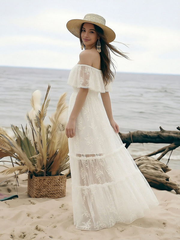 Laces A Line Off the Shoulder Long Wedding Dresses