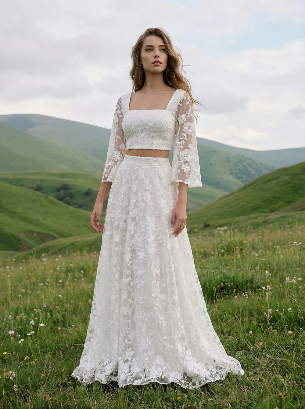 Laces A Line Square Neck Long Wedding Dresses