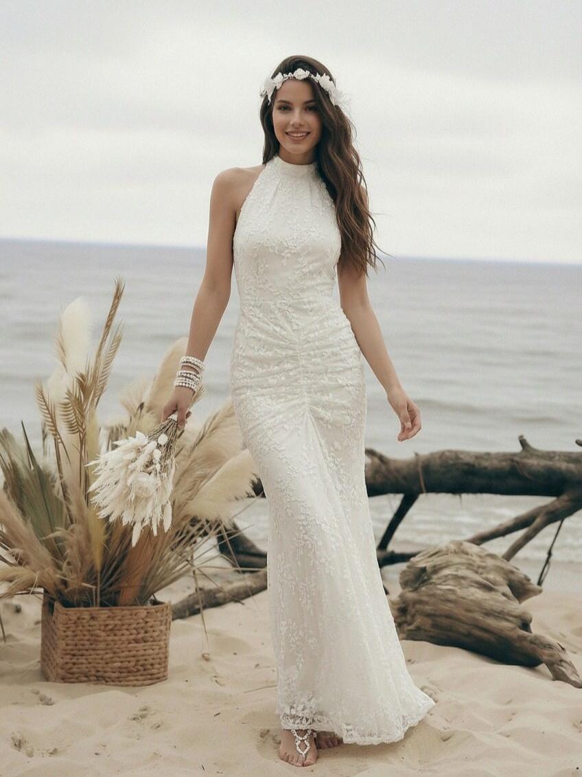 Laces Mermaid Halter Long Wedding Dresses