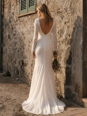 Laces Mermaid V Neck Long Wedding Dresses