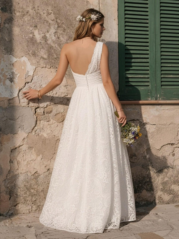 Laces A Line One Shoulder Long Wedding Dresses