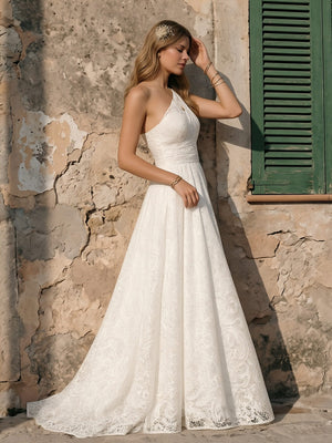 Laces A Line One Shoulder Long Wedding Dresses